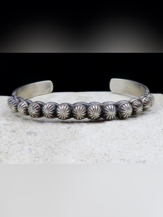 Navajo Jewelry - Navajo Martha Cayatenito Narrow Sterling Silver Starburst Button Cuff Bracelet